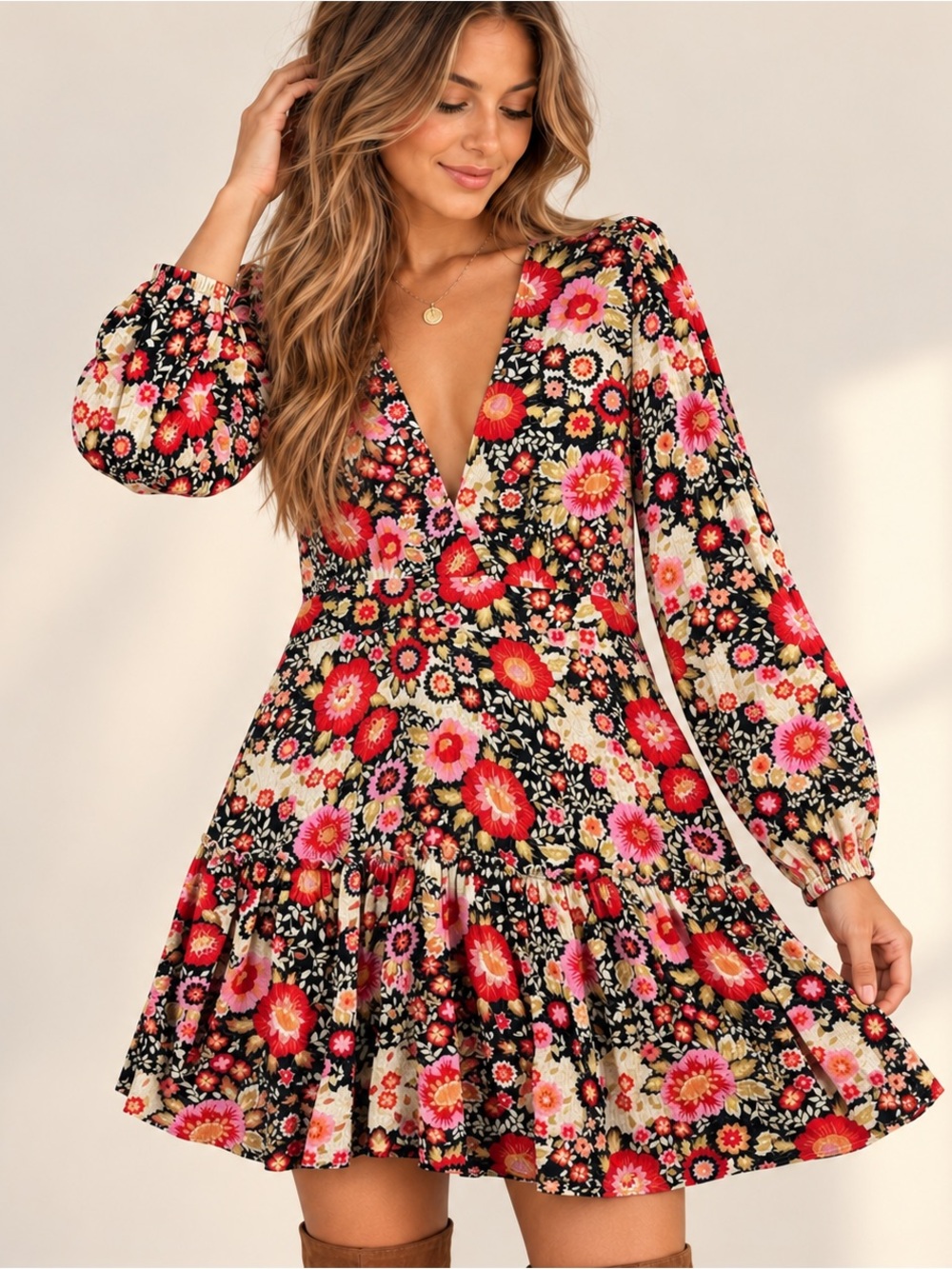 Billabong Floral Mini Dress M Long Sleeve 70s Boho Cottagecore Fall Autumn